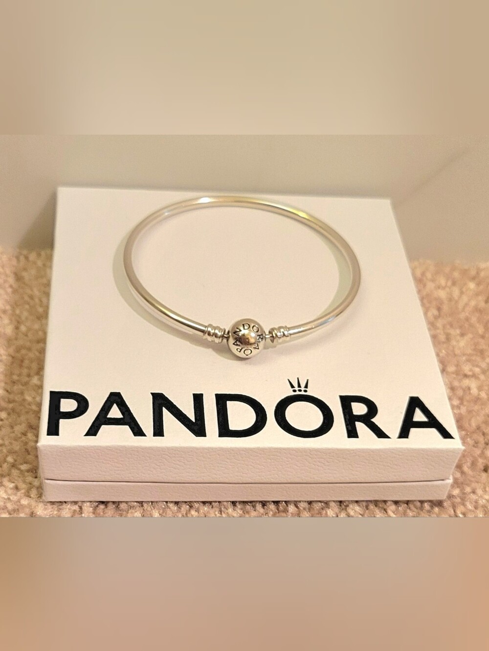 Pandora Moments Logo Clasp Bangle Bracelet Silver Size 7.5 NWOT